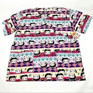 NWT Scrub Top Betty Boop Two Front Pockets Back Tie Straps 55% Cotton, 1x
